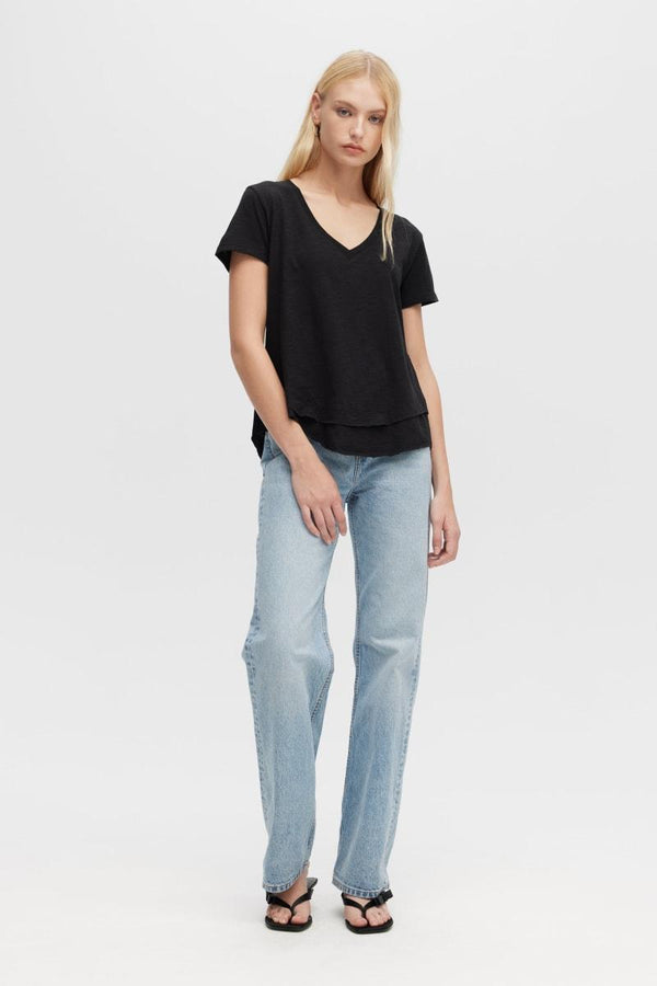 Ava V-Neck Mock Layer T-Shirt - Black