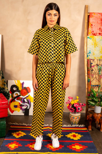Hand Printed 'Seema' Pants - Black And Yellow Checkers