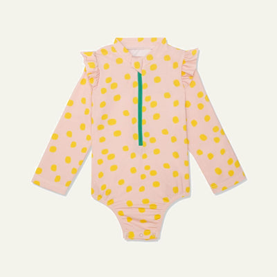 Recycled Polyester Sepia Dotted Zipped Kid Rashguard - Sepia/cyber Yellow - One Piece Swim