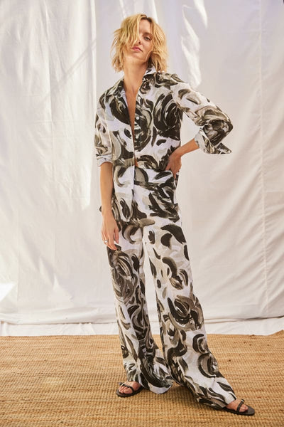 Painterly Flower Palazzo Pant - Grey/White