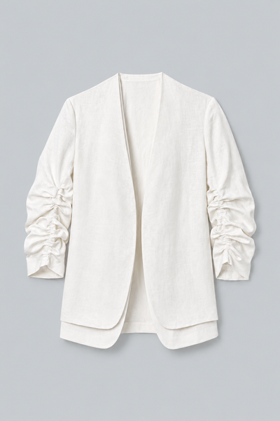 Linen Ruched Sleeve Blazer & Vest - White