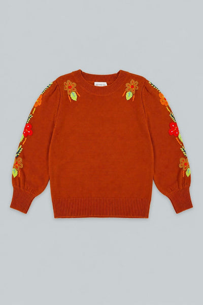 Embroidered Crew Neck Sweater - Burnt Orange
