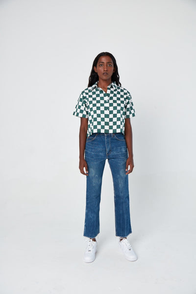 Hand Printed 'The Cami' Crop Shirt - Green And White Chessboard