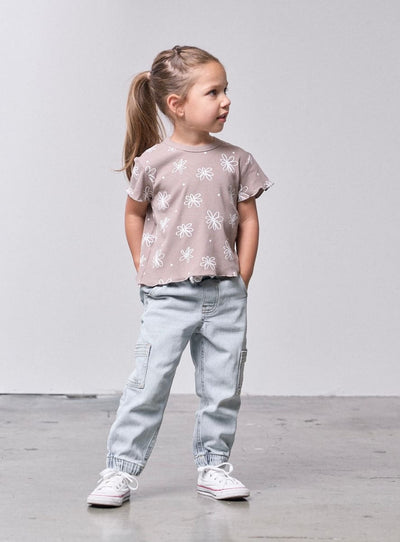 Floral Ribbed Lettuce Trim Tee - Mushroom