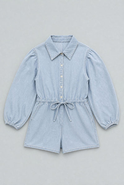 Balloon Sleeve Button Up Romper - Light Blue