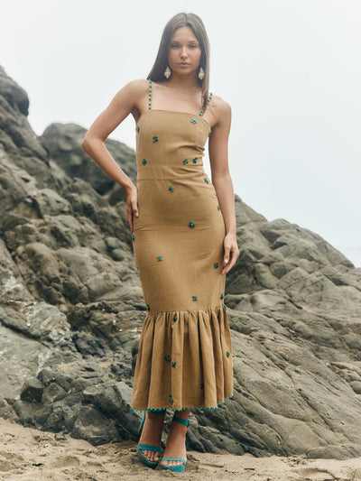 Desirae Midi Dress - Light Fawn & Emeralds - FINAL SALE - Dresses