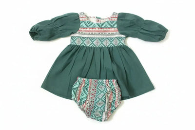 Cotton Woven Baby Dress & Bloomers Set - Teal