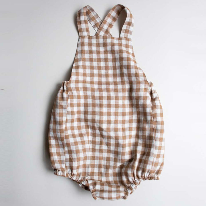The Gingham Overall Romper - Bronze Gingham