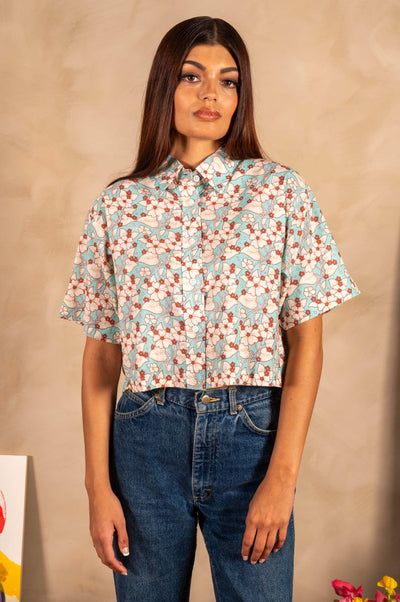 Hand Printed 'The Cami' Crop Shirt - Turquoise And White Floral