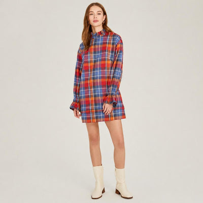 Mock Neck Plaid Dress - Orange Combo