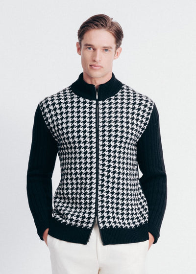 Cashmere Houndstooth Full Zip Sweater - Black/White