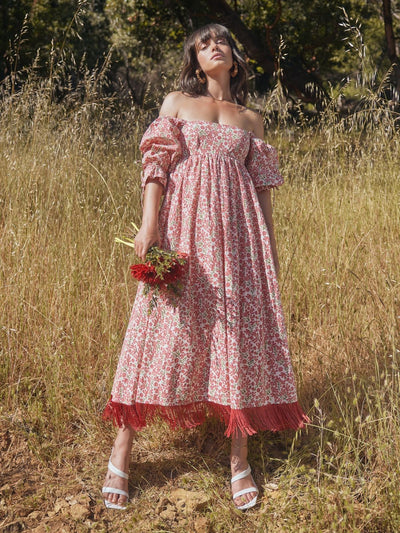 Jocelyn Embroidered Puff Sleeve Fringe Dress - Ivory/Light Ruby Floral