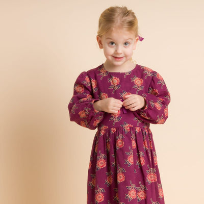 Girls' Long Sleeve Dress With Floral Motif - Purple & Red