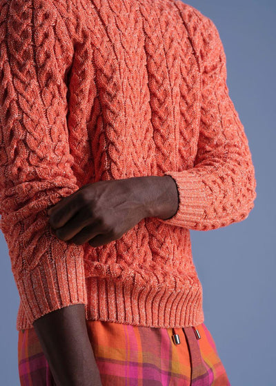 Cotton Cable Crewneck Sweater - Orange