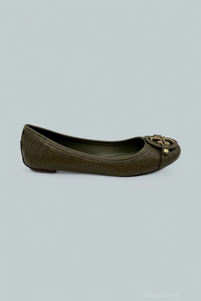 Adan Ballet Flat Embossed Leather - Olive Green Snakeskin - 8 - Flats