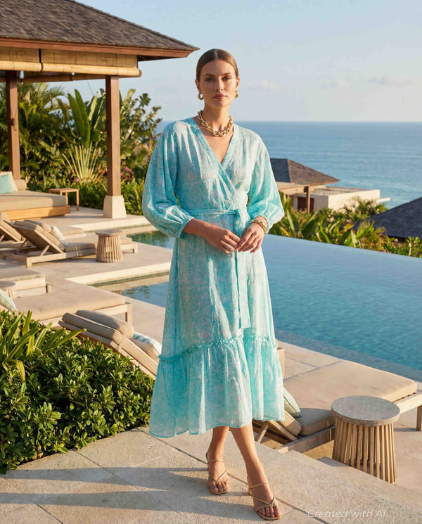 Alessandra Wrap Dress - Aqua-Floral - Dresses