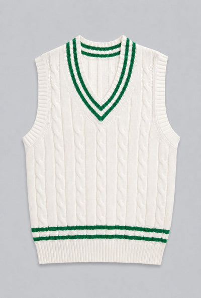Cotton Cable Knit V-Neck Sweater - Green/White