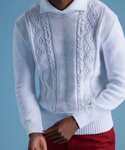 Aran Cable Mock Neck Cotton Sweater - White - Sweater