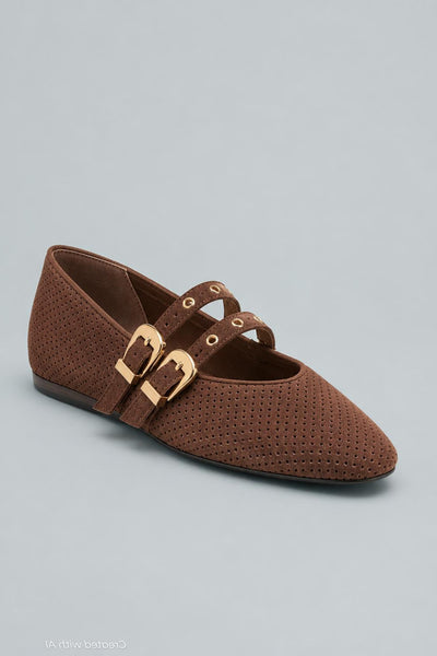 Baylee Grommet Perforated Mary Jane Ballet Flats - Brown - 8.5 - Mary Jane