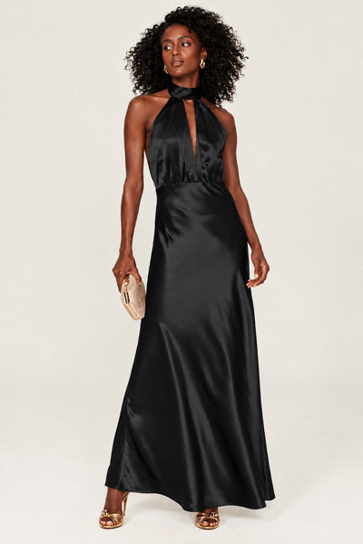Silky Halter Cutout Gown - Black