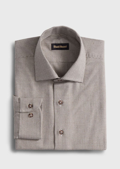 Brushed Cotton Houndstooth Sport Shirt - Mink - Collared Shirt