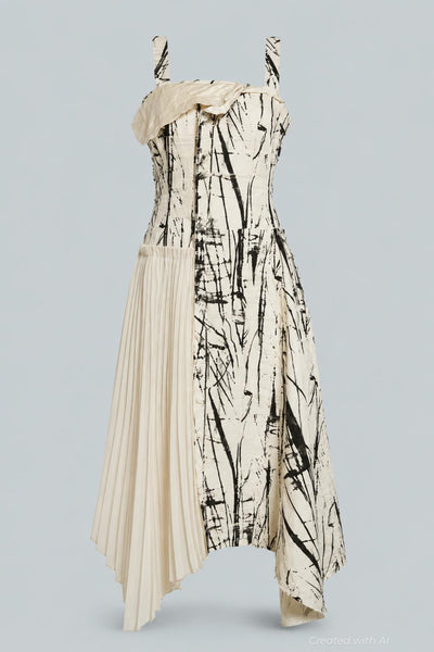 Brushstroke Fray Jacquard Asymmetric Dress - Calico/Black - US / XXS - Dresses