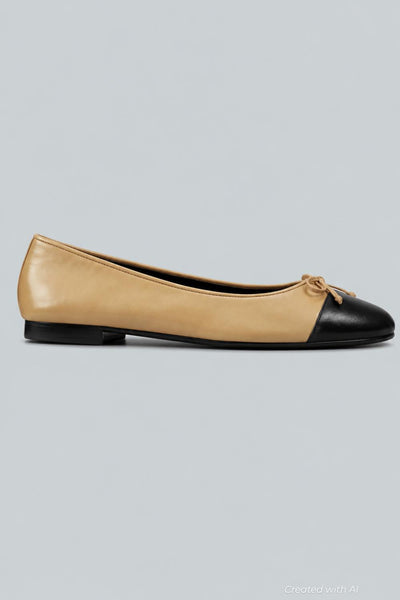 Cap Toe Ballerina Leather Shoes - Beige - 8 - Flats