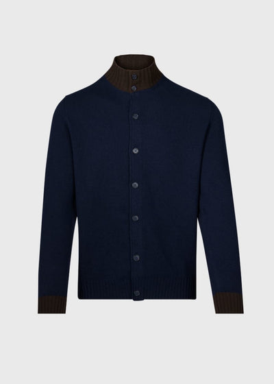 Cashmere Button Front Cardigan - Navy/Brown - S (38) - Cardigan