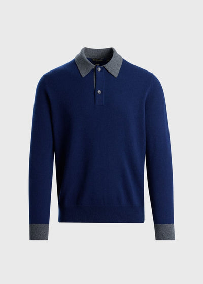 Cashmere Contrast Collar Polo - Navy - Polo