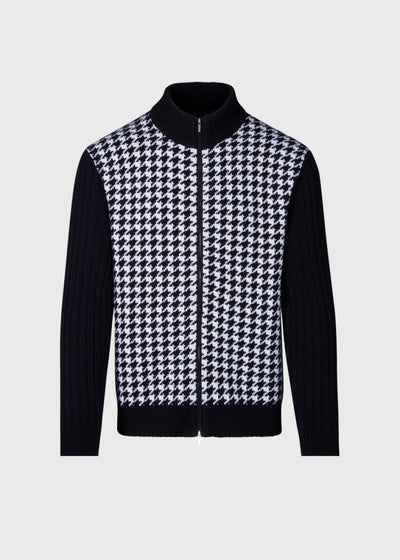 Cashmere Houndstooth Full Zip Sweater - Black/White - Sweater