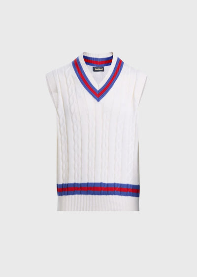 Cotton Blend VN Tennis Sleeveless Pullover - White/Red - Sweater
