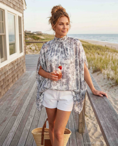 Cotton Candy Tie Dye Mock Neck Caftan Top - Grey - Shirt