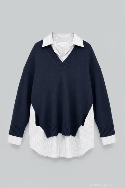 Crewneck Sweater Shirt Dress - Navy - Dresses