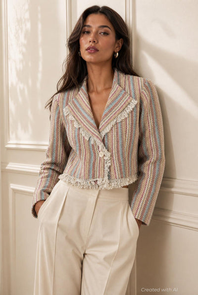 Cropped Tweed Frayed Hem Blazer - Rainbow/Multi - Blazer