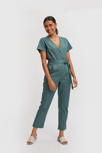Cropped Wrap Jumpsuit - Poplin Green - Jumpsuit