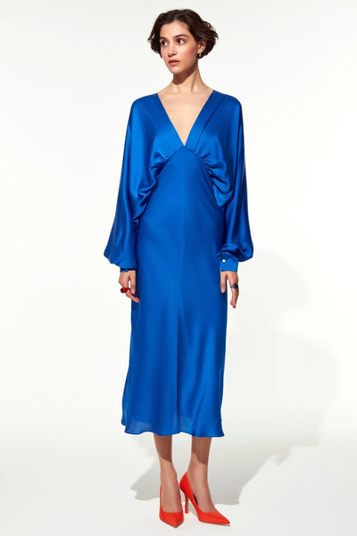 Mila V Neck Satin Dress - Sax