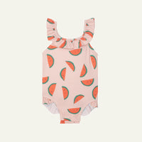 Recycled Polyester Watermelon Slices Ruffle Baby Swimsuit - Sepia Rose/multi