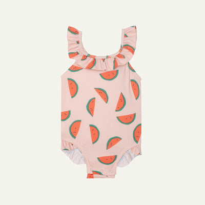 Recycled Polyester Watermelon Slices Ruffle Baby Swimsuit - Sepia Rose/multi