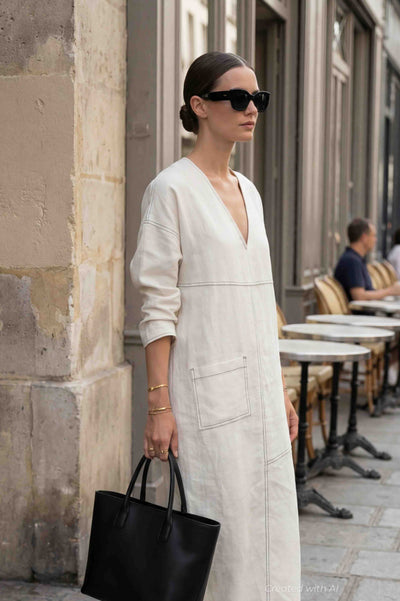 Draped Deep V-Neck Dress - Ecru - Dresses
