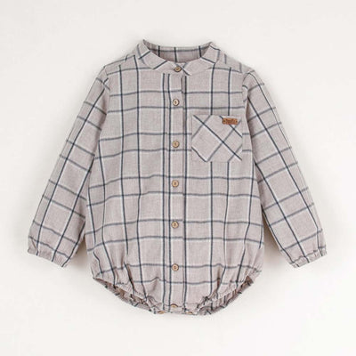 Taupe Plaid Shirt Style Romper - 3-6m - Romper