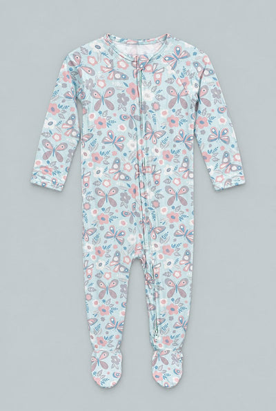 Zipper Footie - Butterfly Aqua