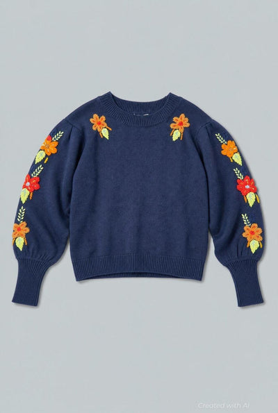 Embroidered Crew Neck Sweater - Navy - Sweater