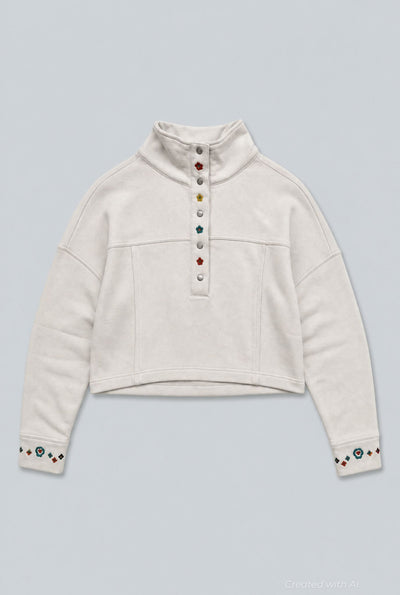 Embroidered Henley Sweatshirt - White - Sweatshirt