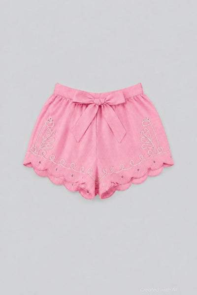 Embroidered Tie Waist Shorts - Pink Combo - Shorts