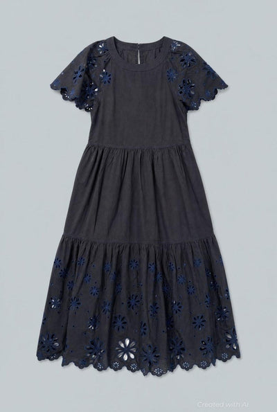 Embroidered Tiered Dress - Black Combo - Dresses