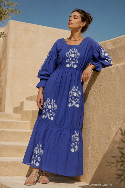 Embroidered Tiered Long Sleeve Maxi Dress - Navy Combo - Dresses