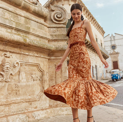 Mary Embroidered Fluted Skirt - Copper/Copper lurex embroidery - Skirt