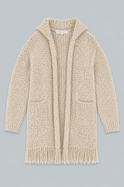Long Hooded Cardigan With Fringe - Tan
