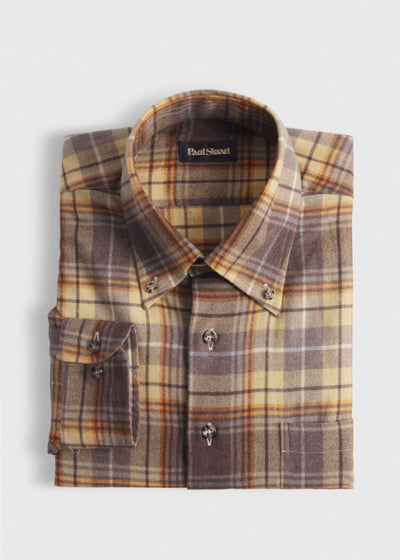 Flannel Plaid Sport Shirt - Brown/Yellow - XL (44) - Collared Shirt