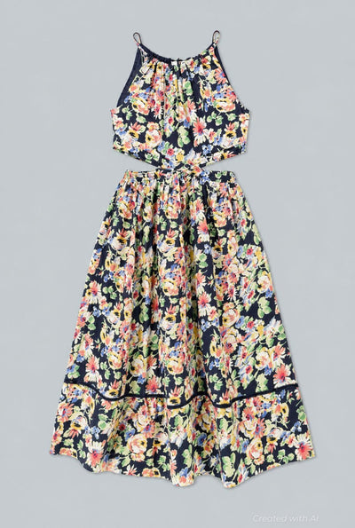 Floral Cut Out Midi Dress - Navy Combo - Dresses